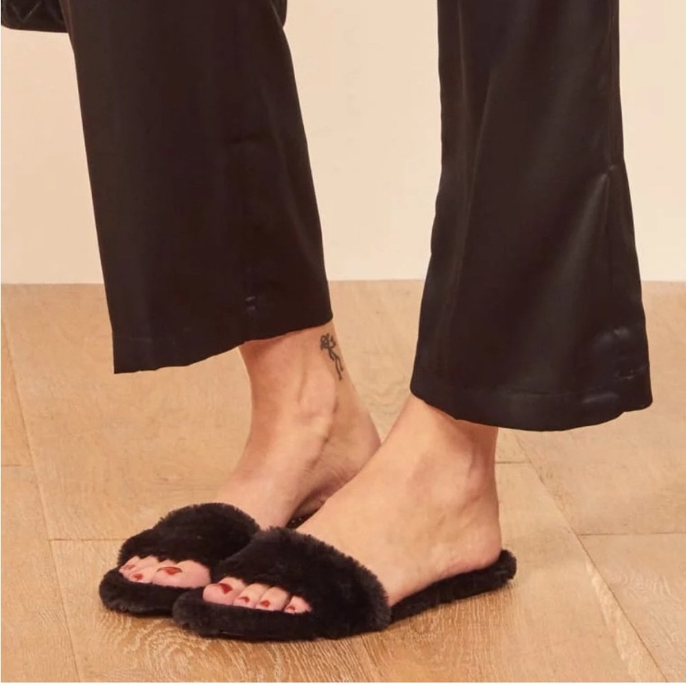 Reformation Black Furry Slippers - NEW